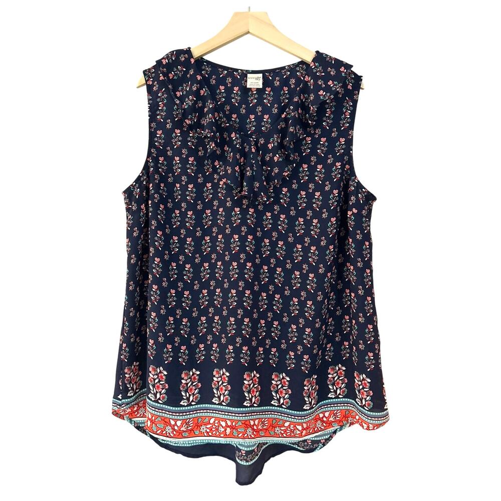 Terra & Sky Womens Sleeveless Blouse Top Navy Floral V-Neck Tank 0X W14